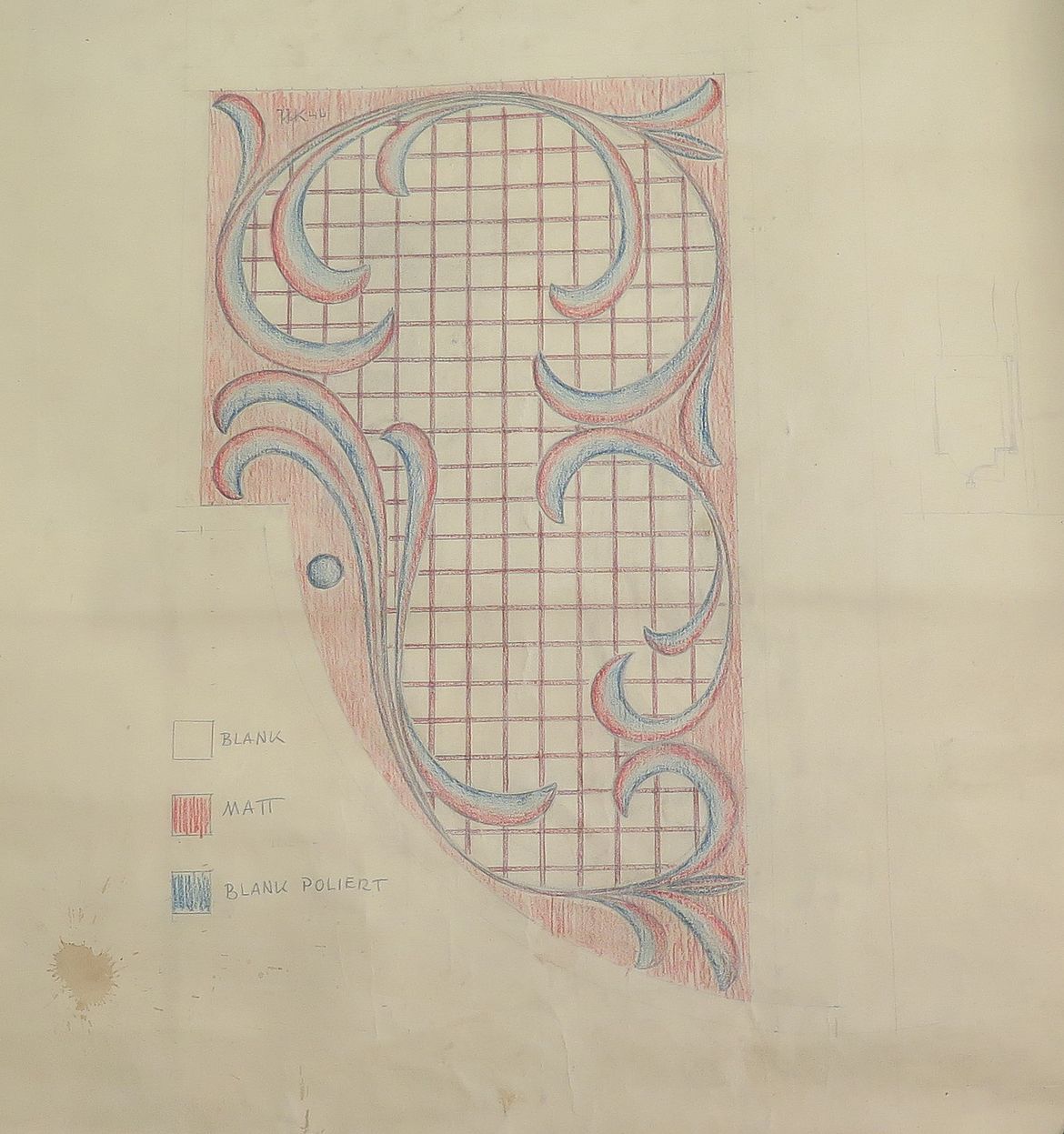 Werner Kleinschmidt: Entwurf für ein Glastürornament, Buntstift auf Papier, 1948 - Archiv der Katholischen Gemeinde Salvator Lichtenrade