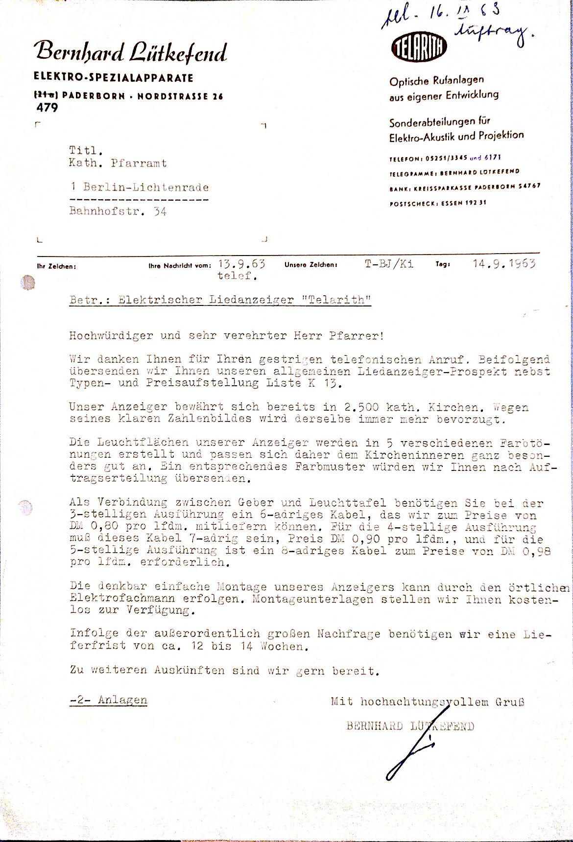 Angebot der Firma Lütkefend, Paderborn, für den neuen Liedanzeiger vom 14. 9. 1963 - Privatbesitz