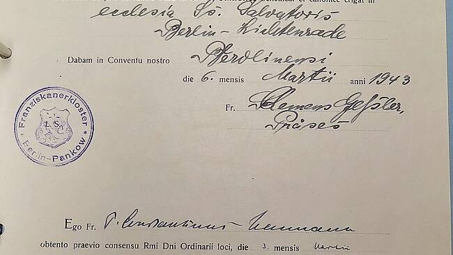Urkunde Kreuzwegerrichtung 7. März 1943 Archiv Katholische Kirchengemeinde Salvator Lichtenrade