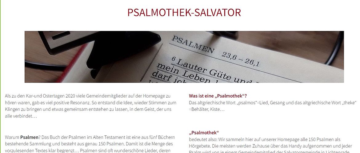 Ausschnitt der Internetseite Psalmothek - Screenshot der Seite unter salvator-lichtenrade.de