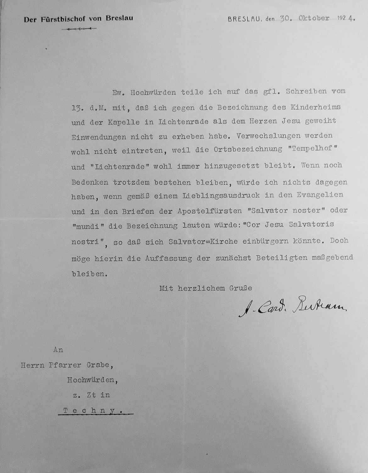 Brief Kardinal Bertrams vom 30. 10. 1924 zur Namensgebung