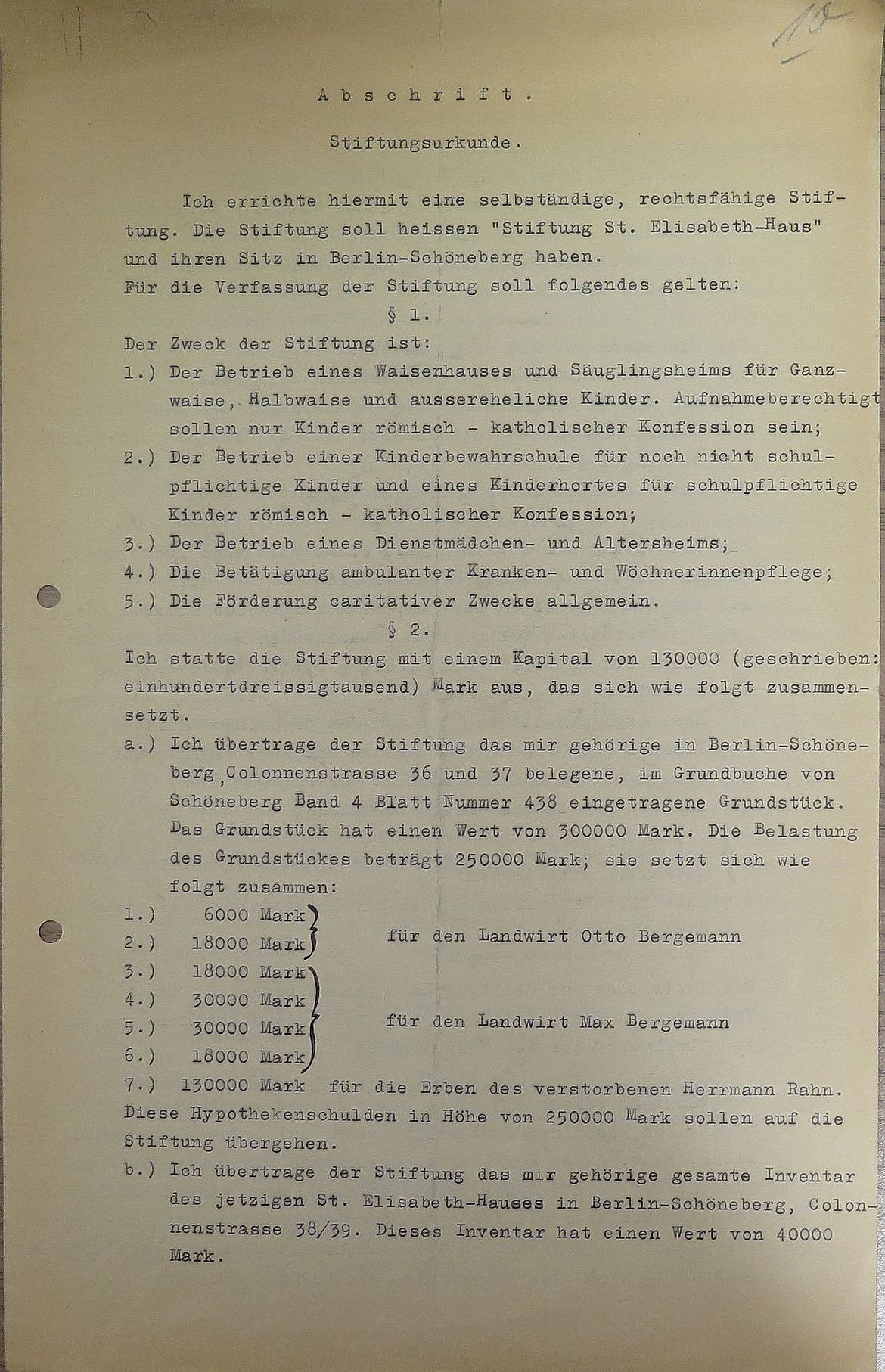 Abschrift S. 1 der Stiftungsurkunde von 1916