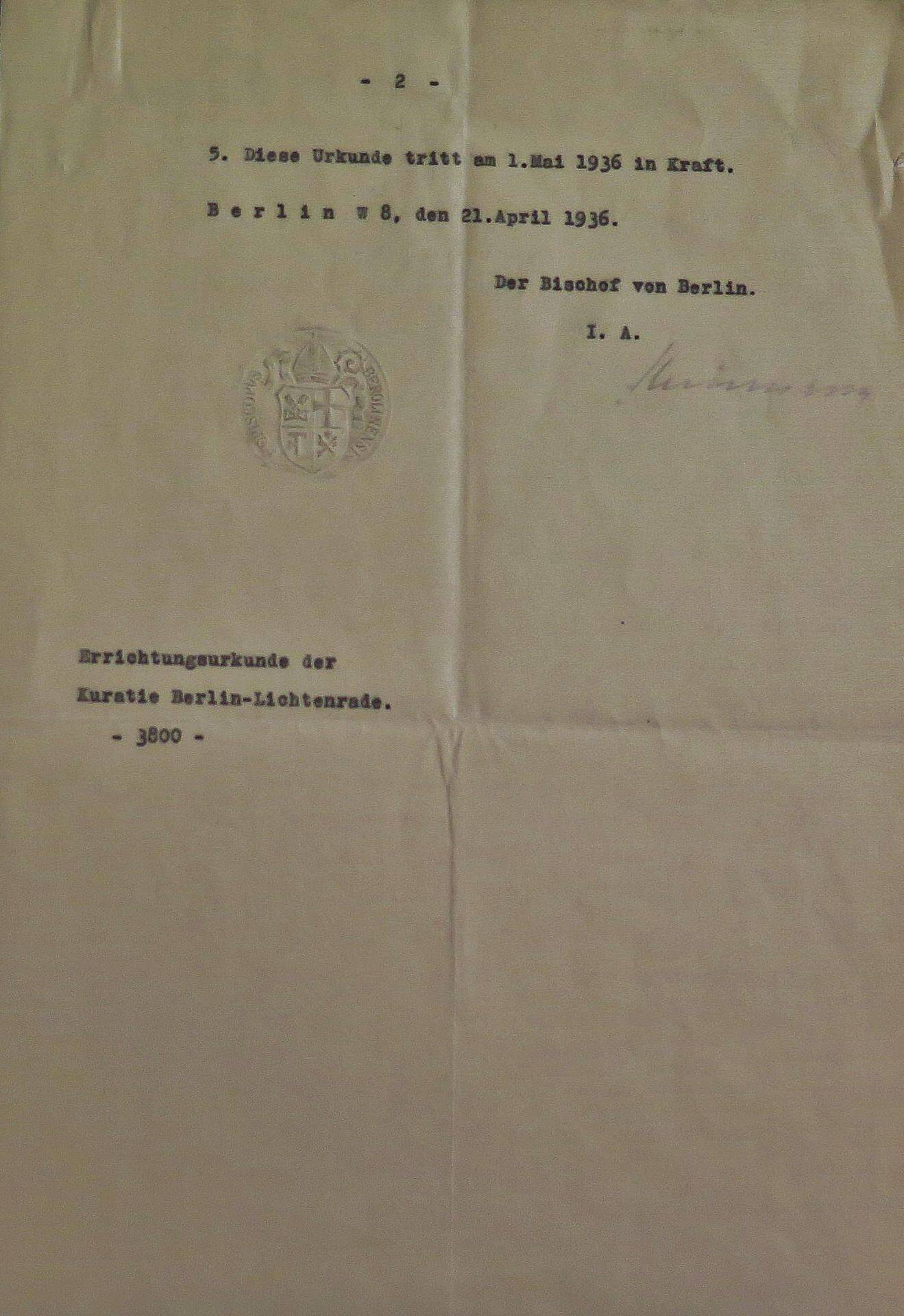 Urkunde Kuratie 1936