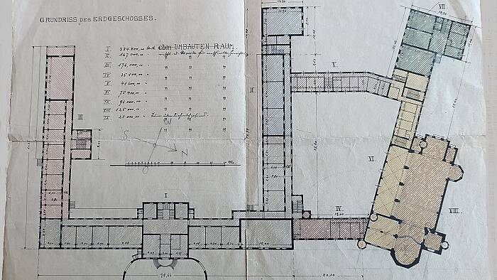 Grundriss des Erdgeschosses Salvatorkirche und Kinderkrankenhaus, vermutlich Bernhard Hertel ca. 1920 - Archiv Salvator-Lichtenrade