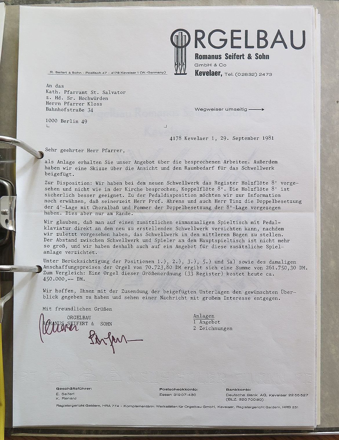Angebot der Firma Romanus Seifert und Sohn, Kevelaer vom 29. September 1981 - Privatbesitz